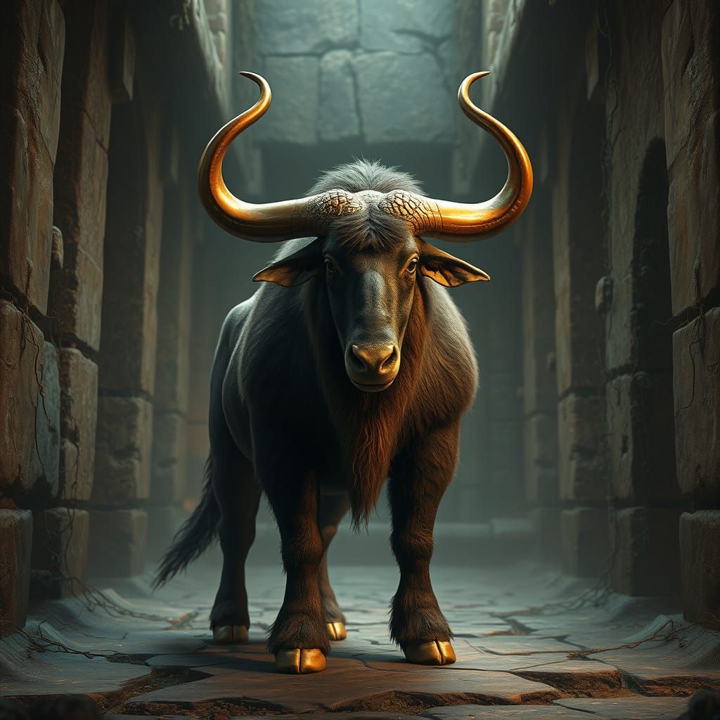 Majestic Minotaur in Ancient Labyrinth, Cyberpunk Fantasy St...