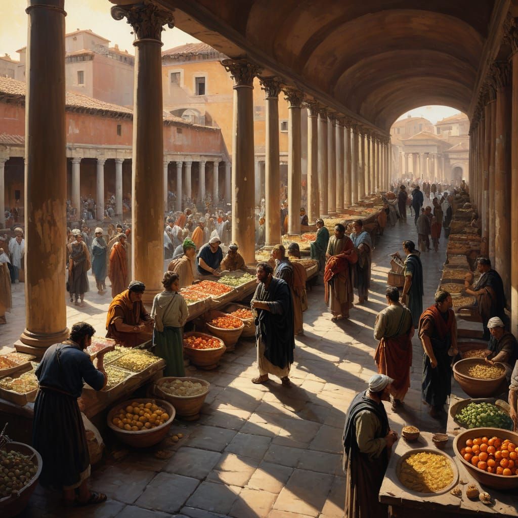 Bustling Roman Marketplace in Oil Painting Style