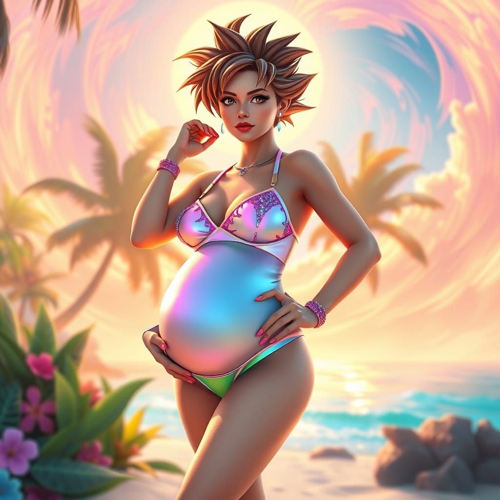 Ethereal Pregnant Goku Goddess at Sunset Beach