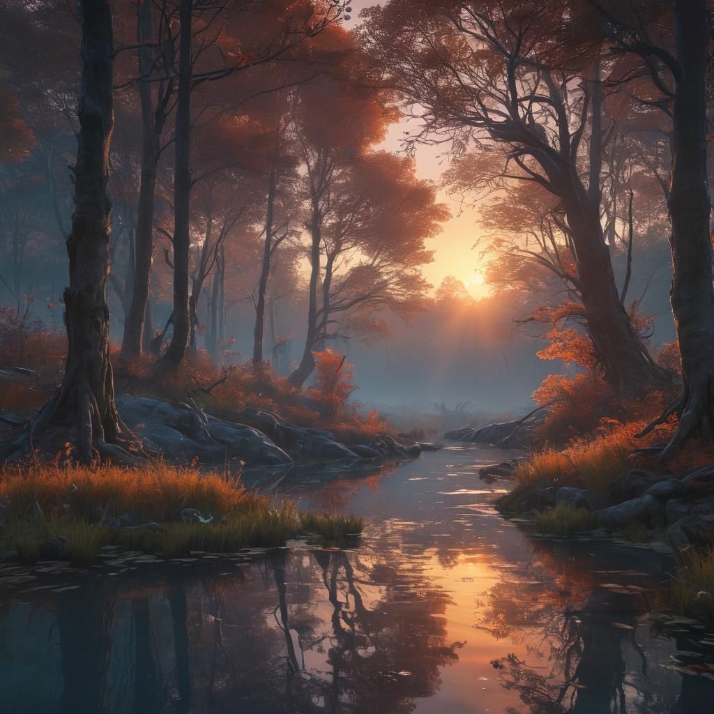 Mystical Forest Reflected: Expressionist Fantasy Art