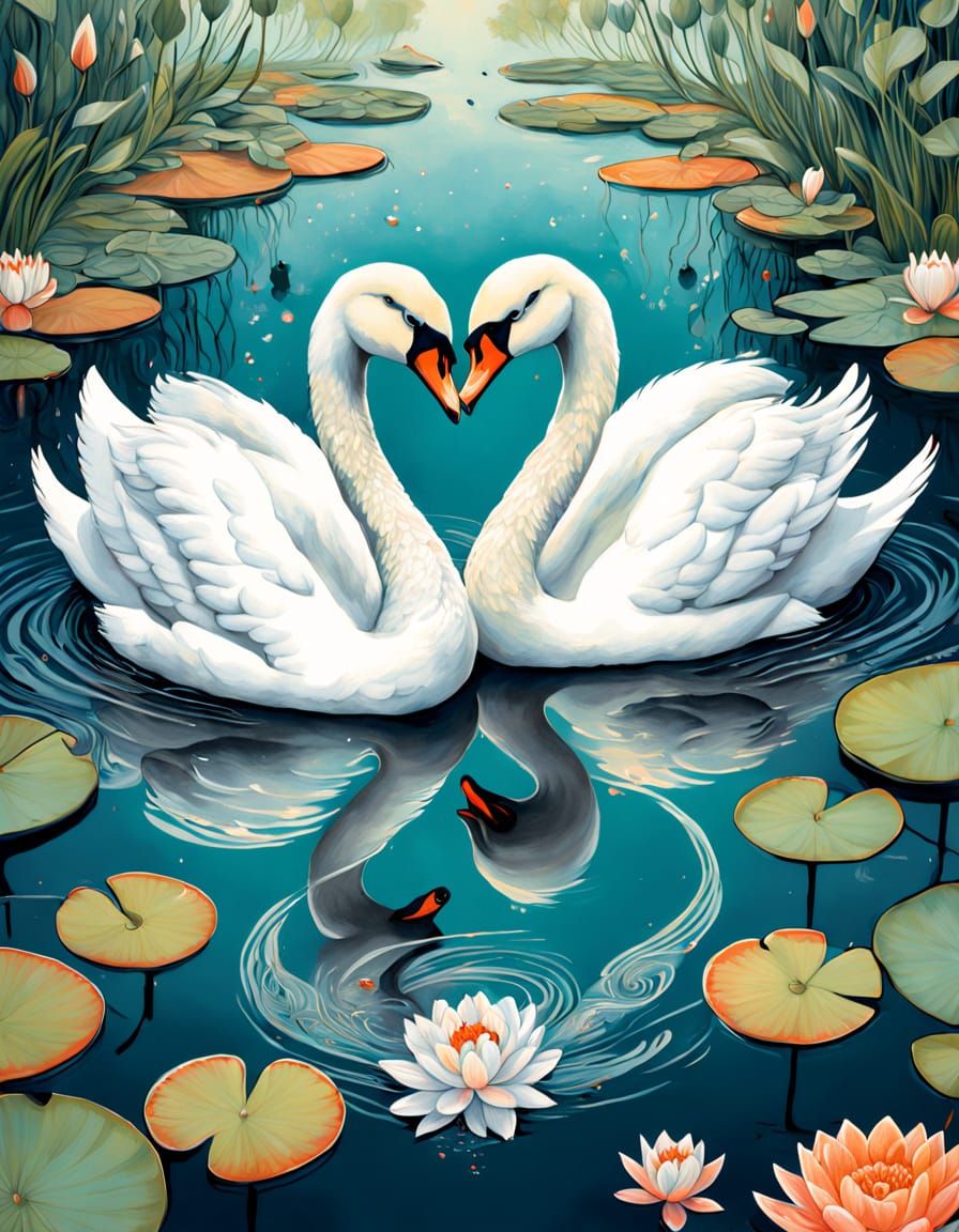 two swans in a calm lake forming a heart with their necks chalk art beautiful detailed serene