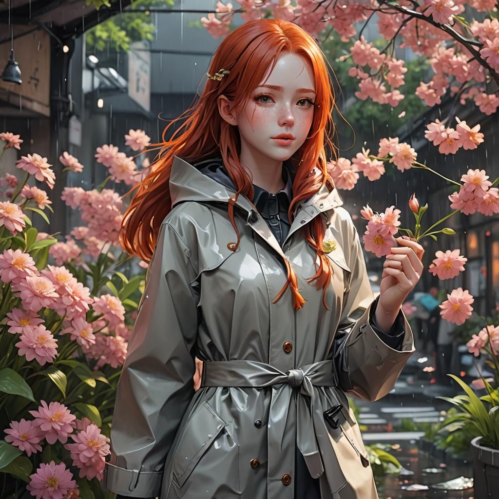 Redhead Girl with Flowers in Anime Style