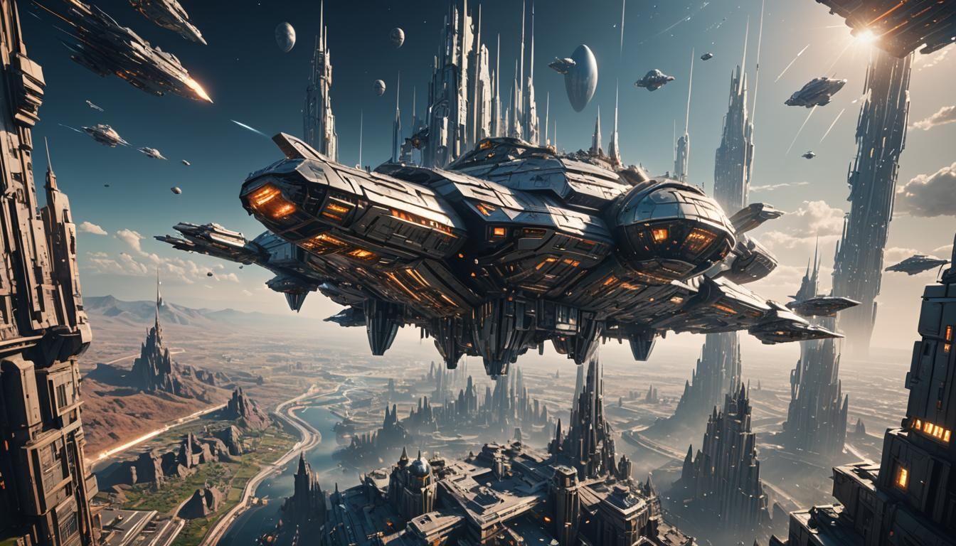 Futuristic Cityscape with Spaceship in Sci-Fi Style