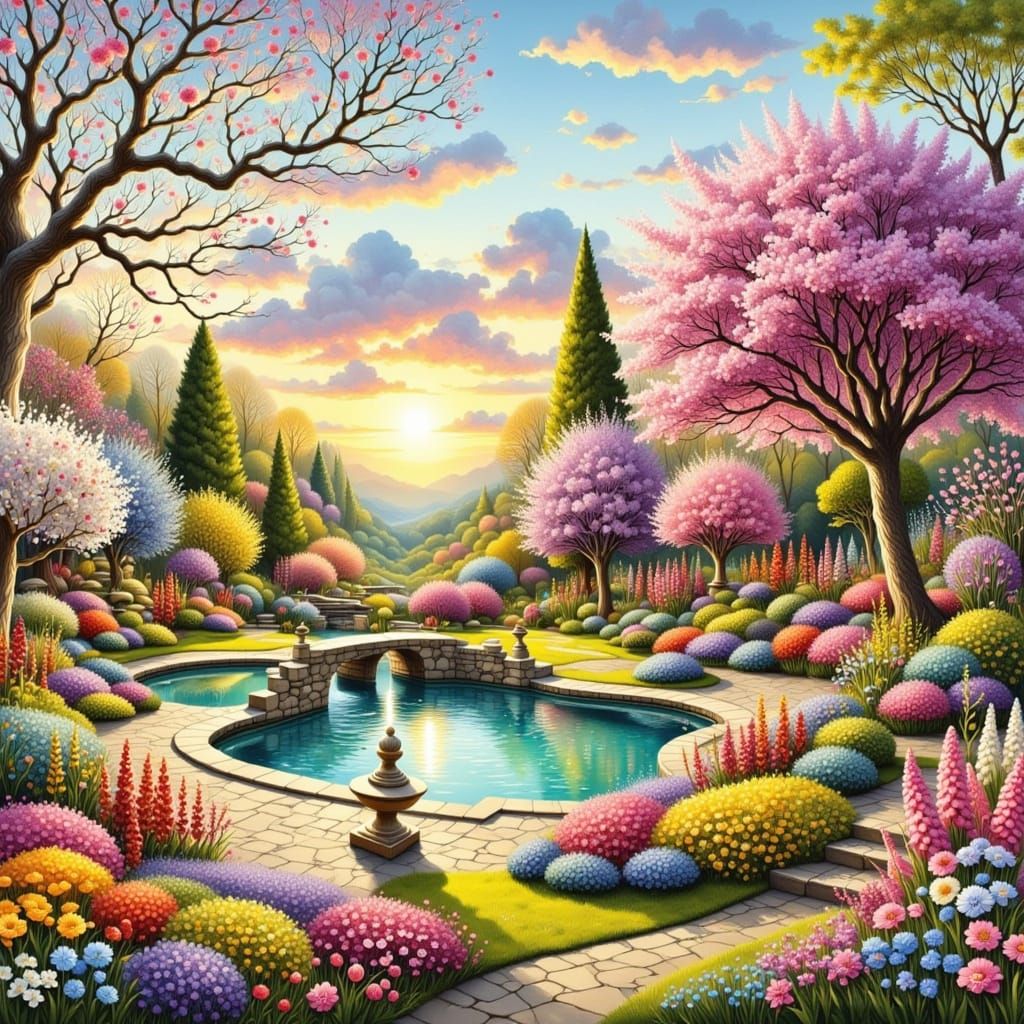 Beautiful Spring Garden with Pool in Ink Drawing Style
