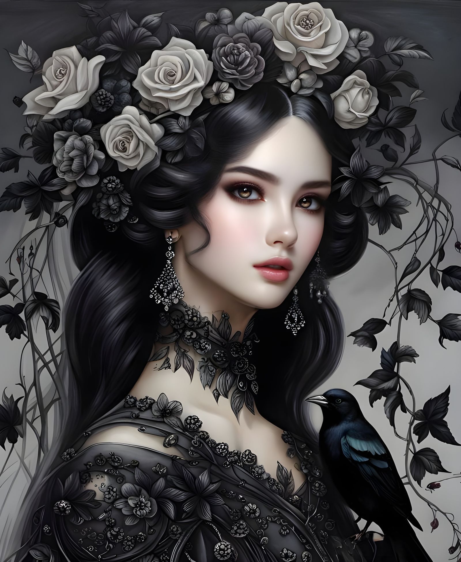 Gothic Angelic Girl with Crow and Silver Flowers