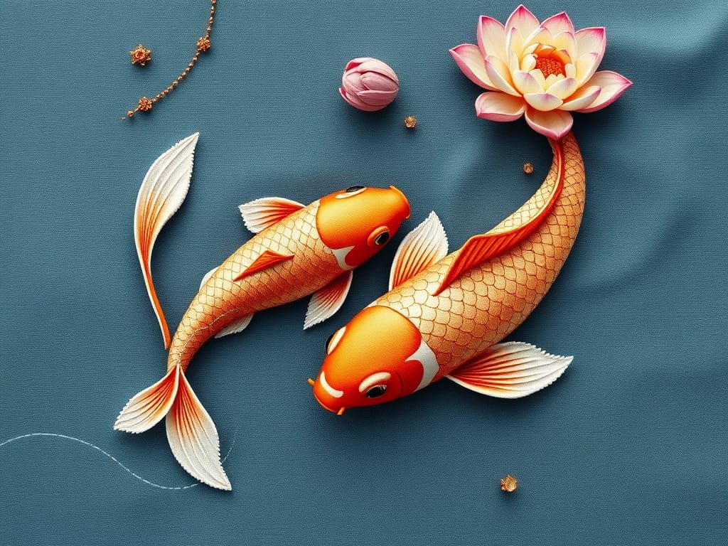 A mesmerizing embroidery of two koi fish swimming in a peace...