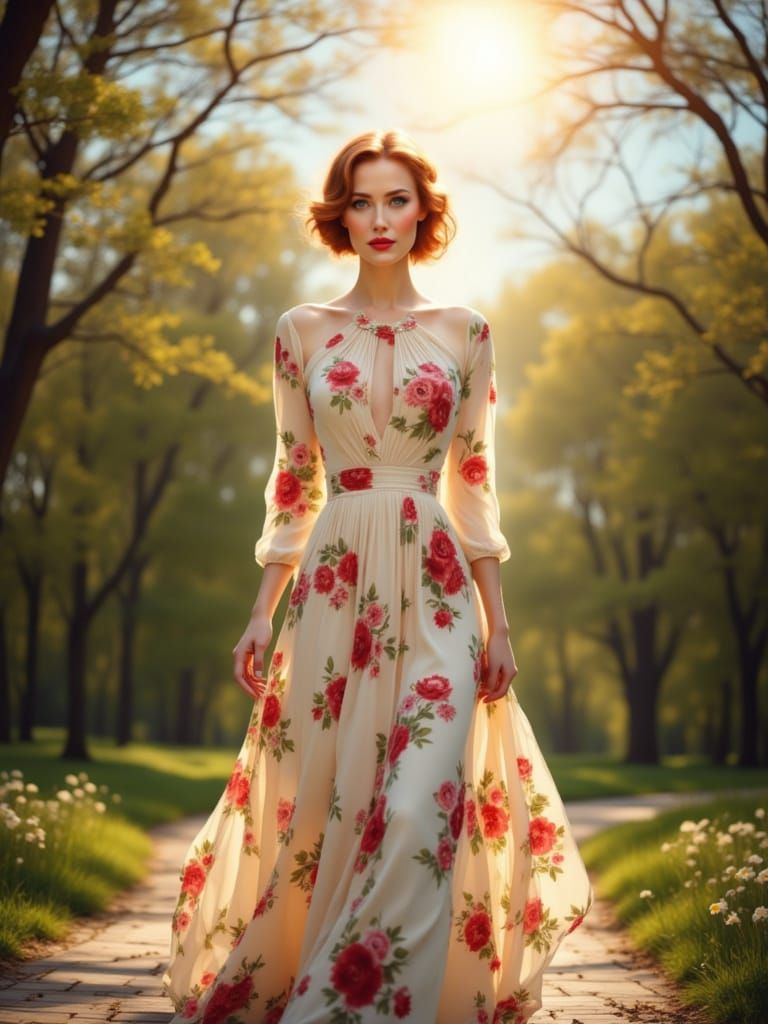 Glamorous Woman in Vintage Gown in Spring City Park