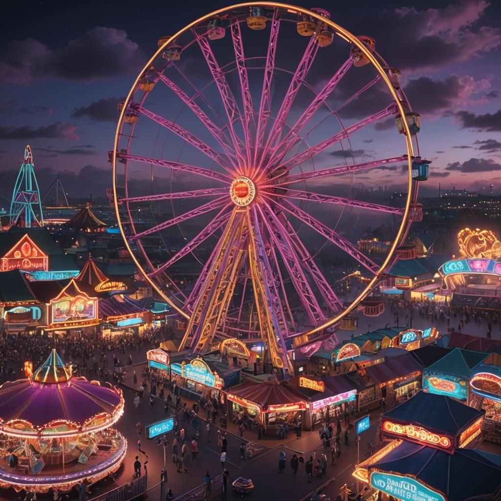 Neon Funfair at Night: A Digital Matte Painting