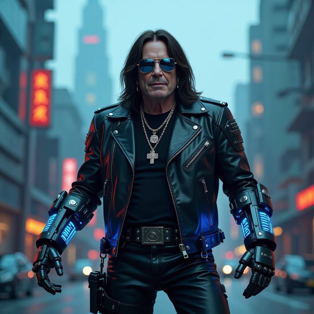 Ozzy Osbourne Transforms in Cyberpunk Cityscape