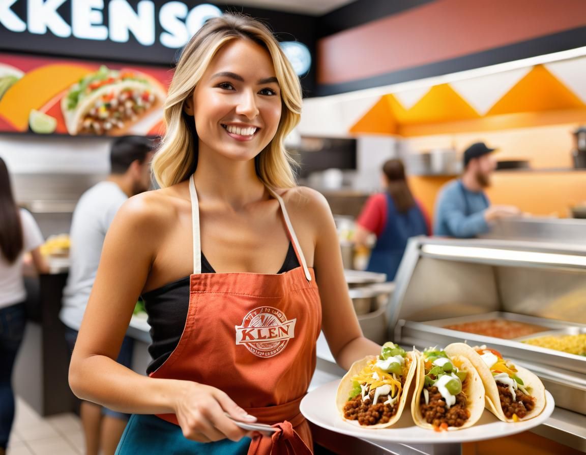 Beautiful Woman Serving Tacos at a Mall Stand
