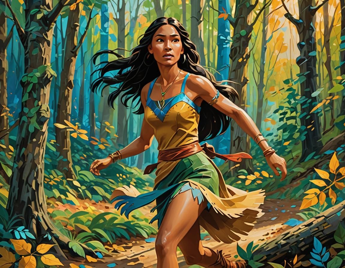 Pocahontas Runs Through Forest in Oil Painting