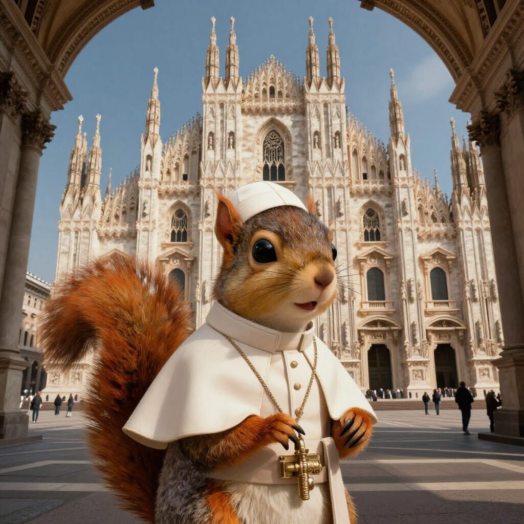 Squirrel in Papal Hat Inside Milan Cathedral