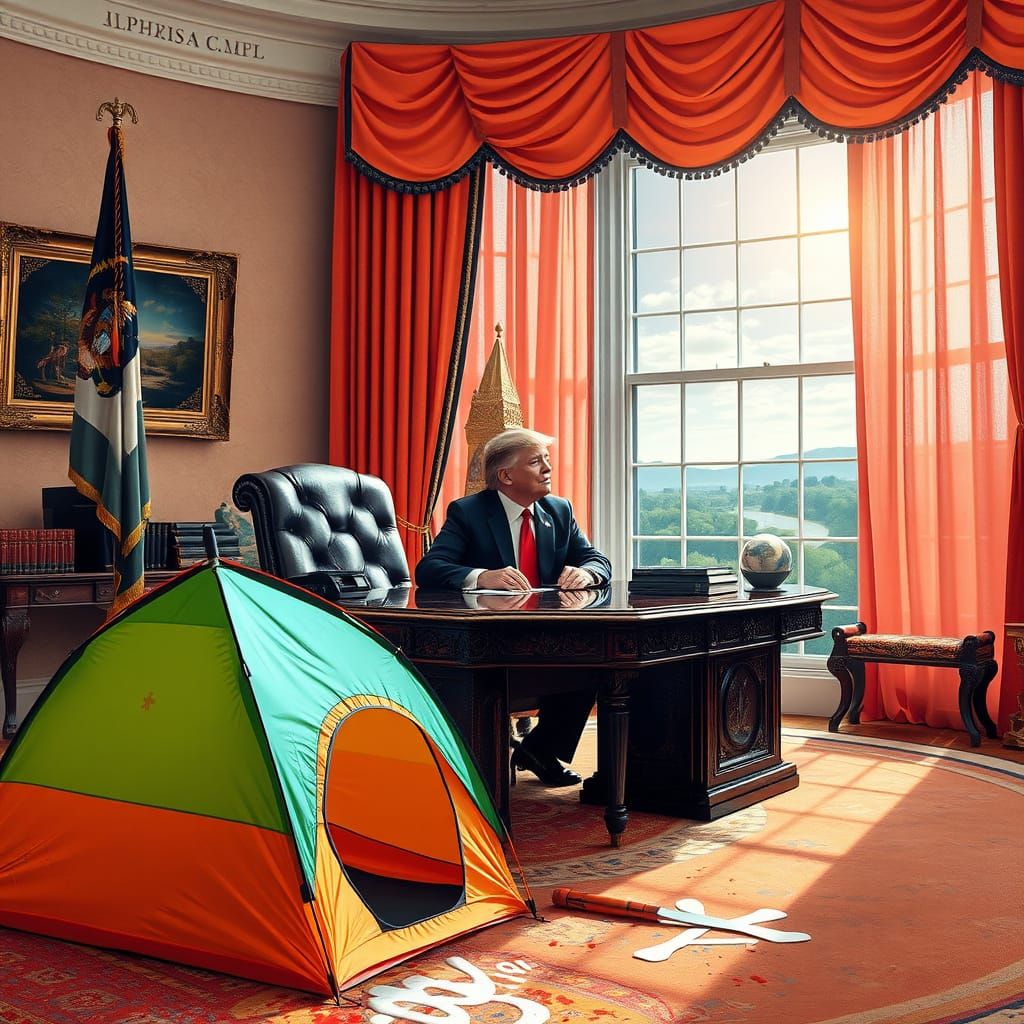 Trump in Vibrant Oval Office Scene with Tent and Peach Drape...