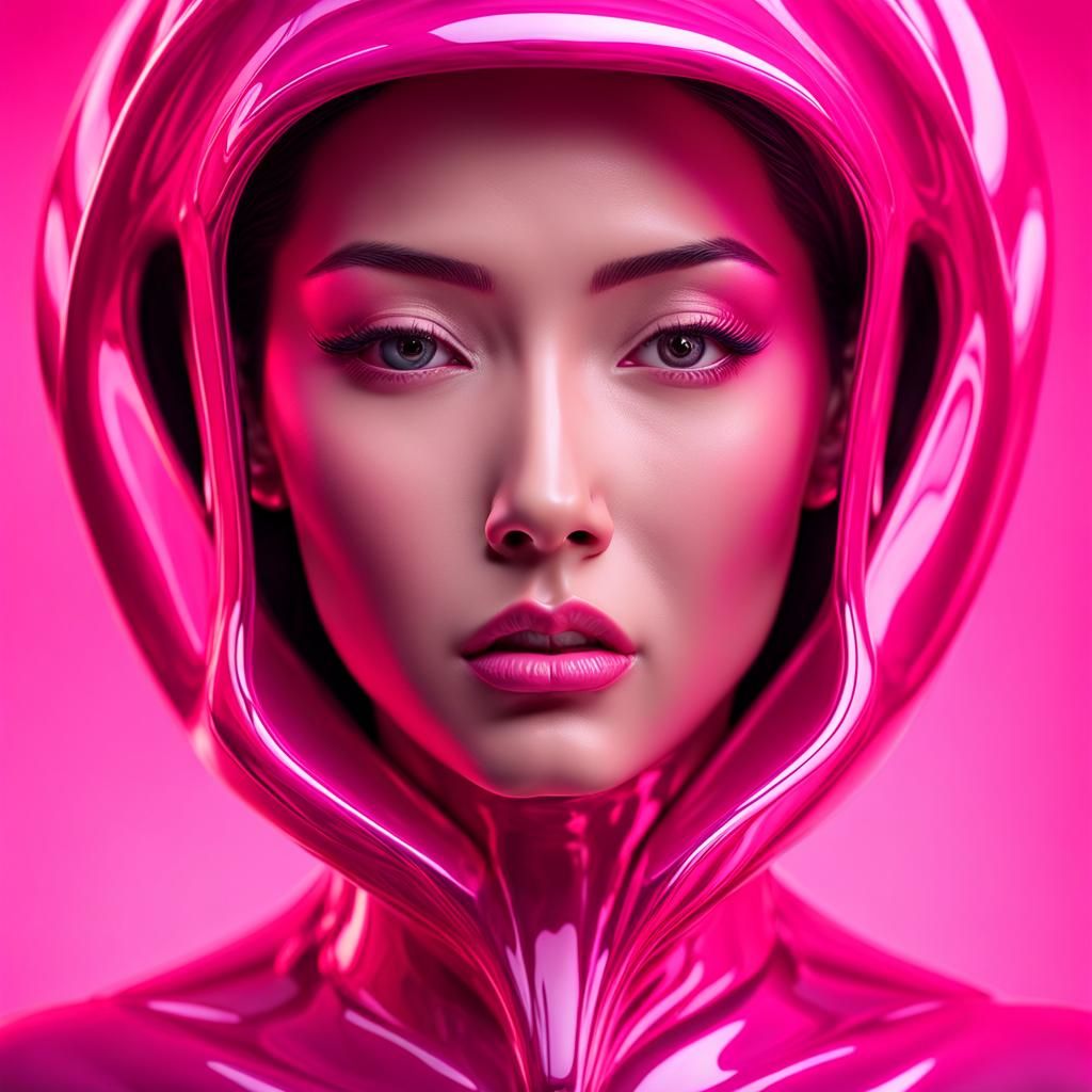 Glossy Pink Bionic Sculpture: Hyperrealistic Cyberpunk Art