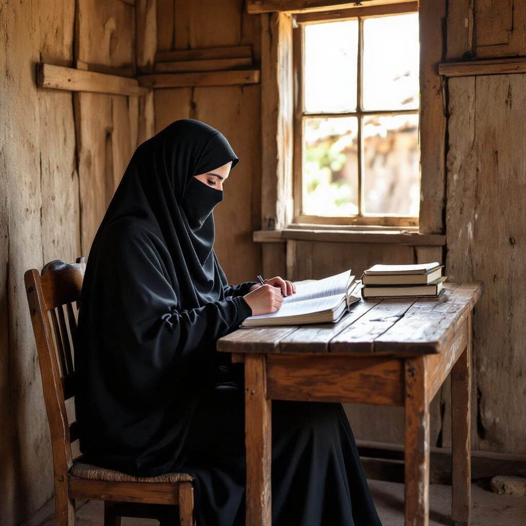 Student Studies in Serene Rural Classroom with Natural Light