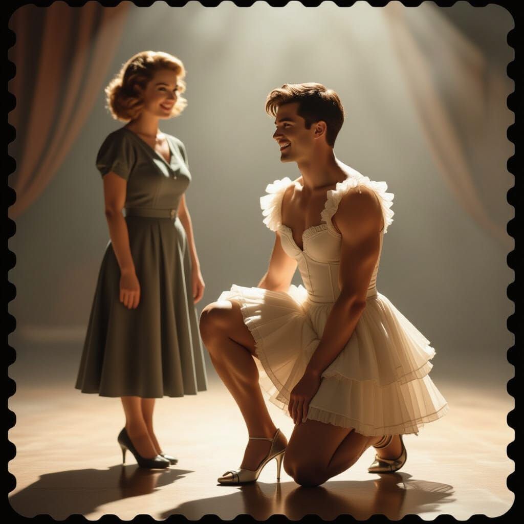 Man Adjusting Heels in Frilly Dress, Cinematic Film Still