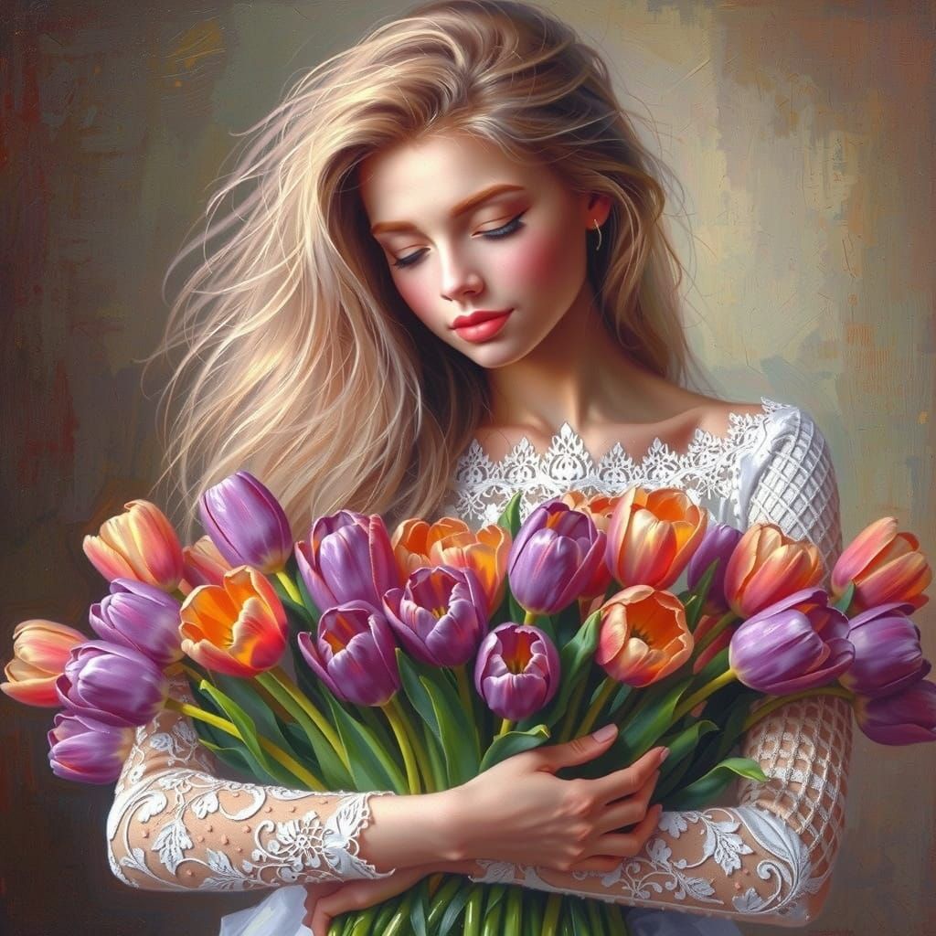 Bella Ragazza in Abito Bianco con Tulipani