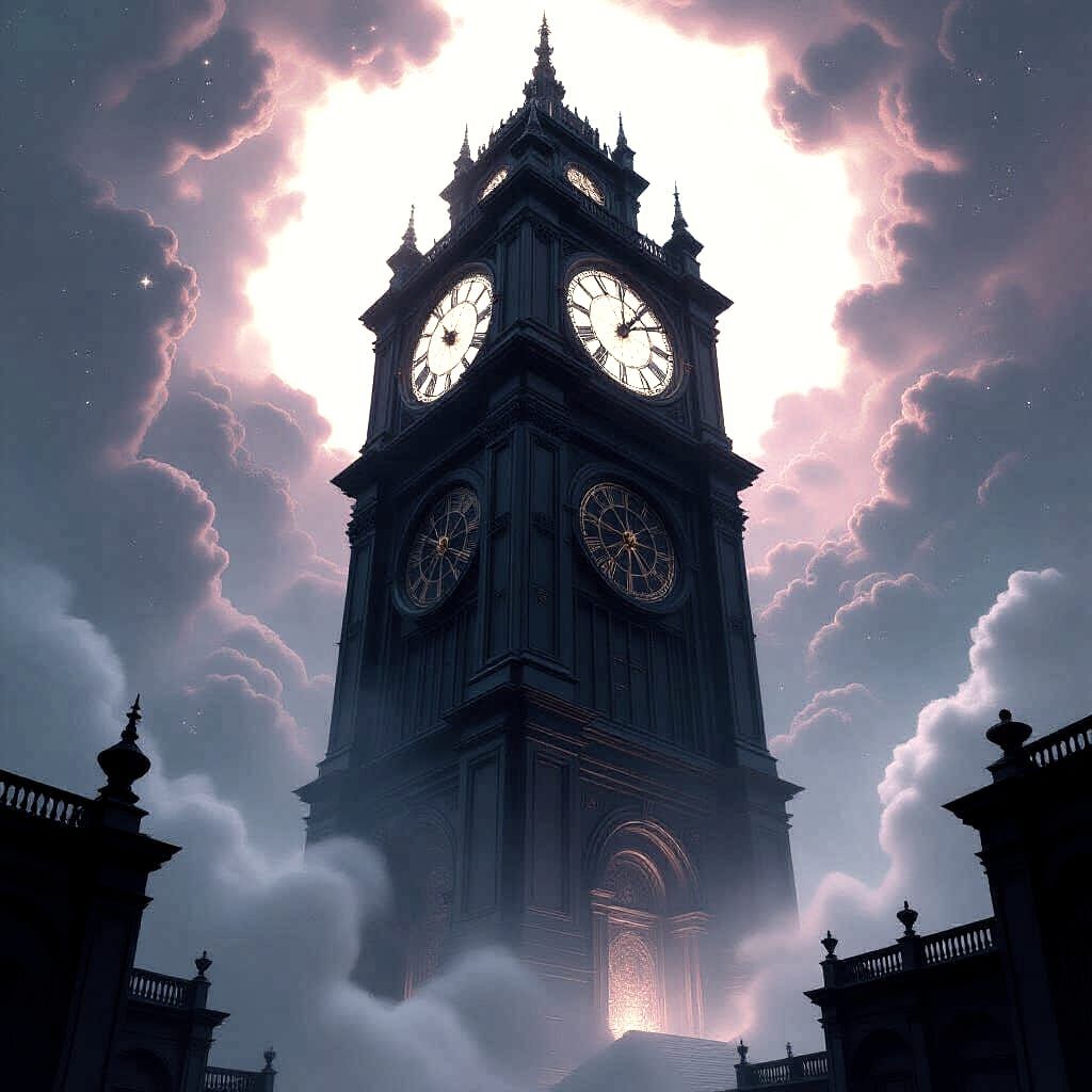 Obsidian Clock Tower Amidst Cosmic Nebula