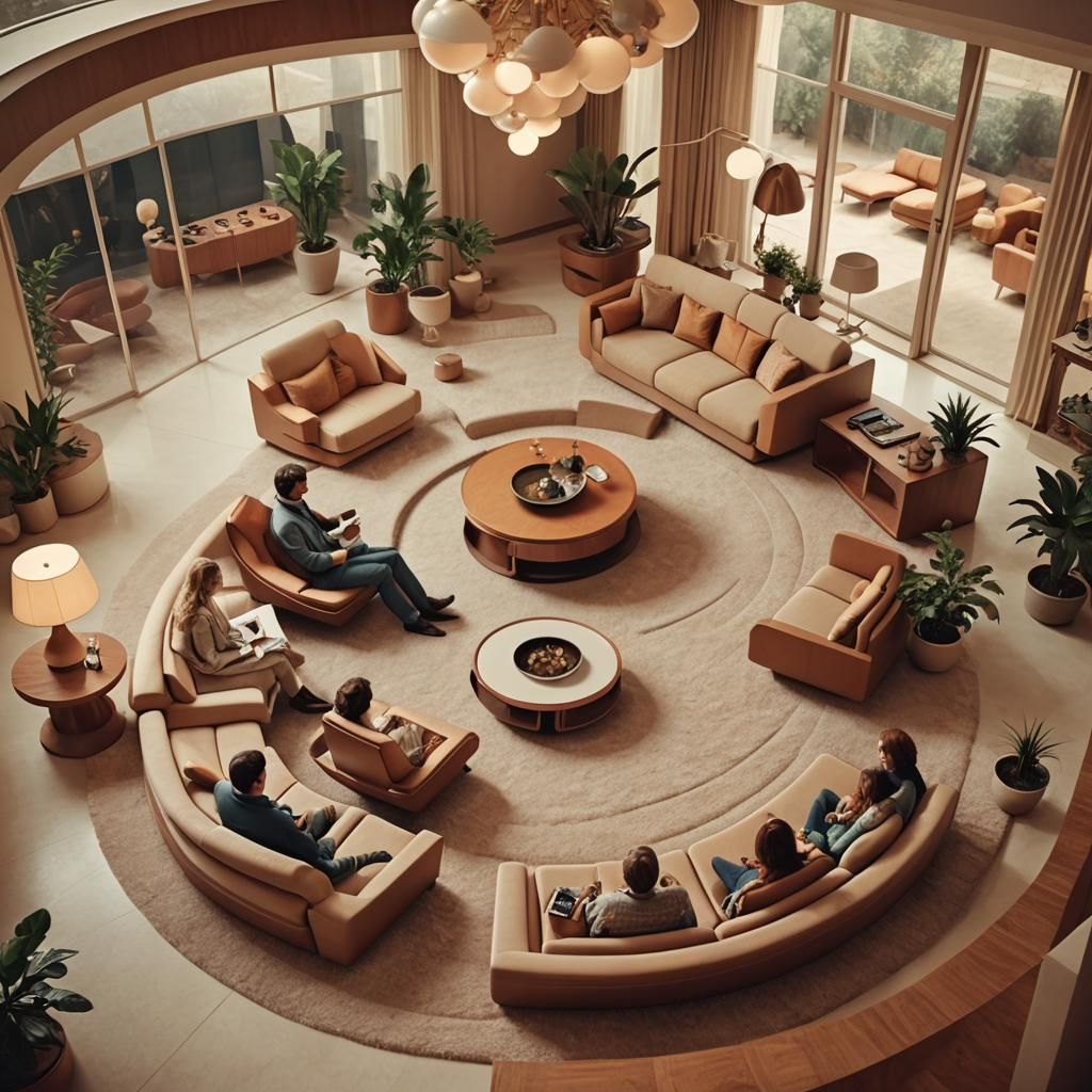 Retrofuturistic Sunken Living Room in 3D Render