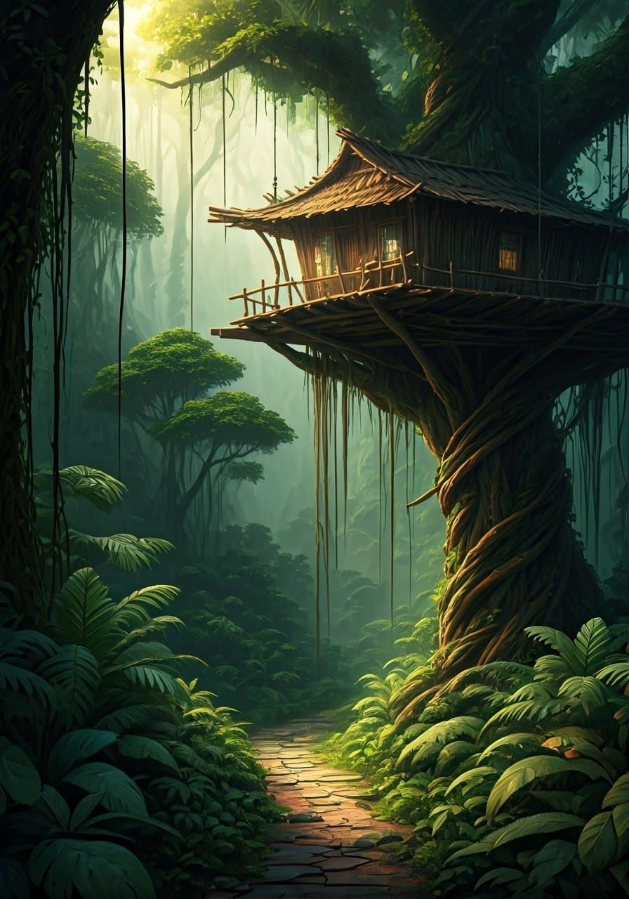 Whimsical Treehouse Amidst Emerald Rainforest Canopy