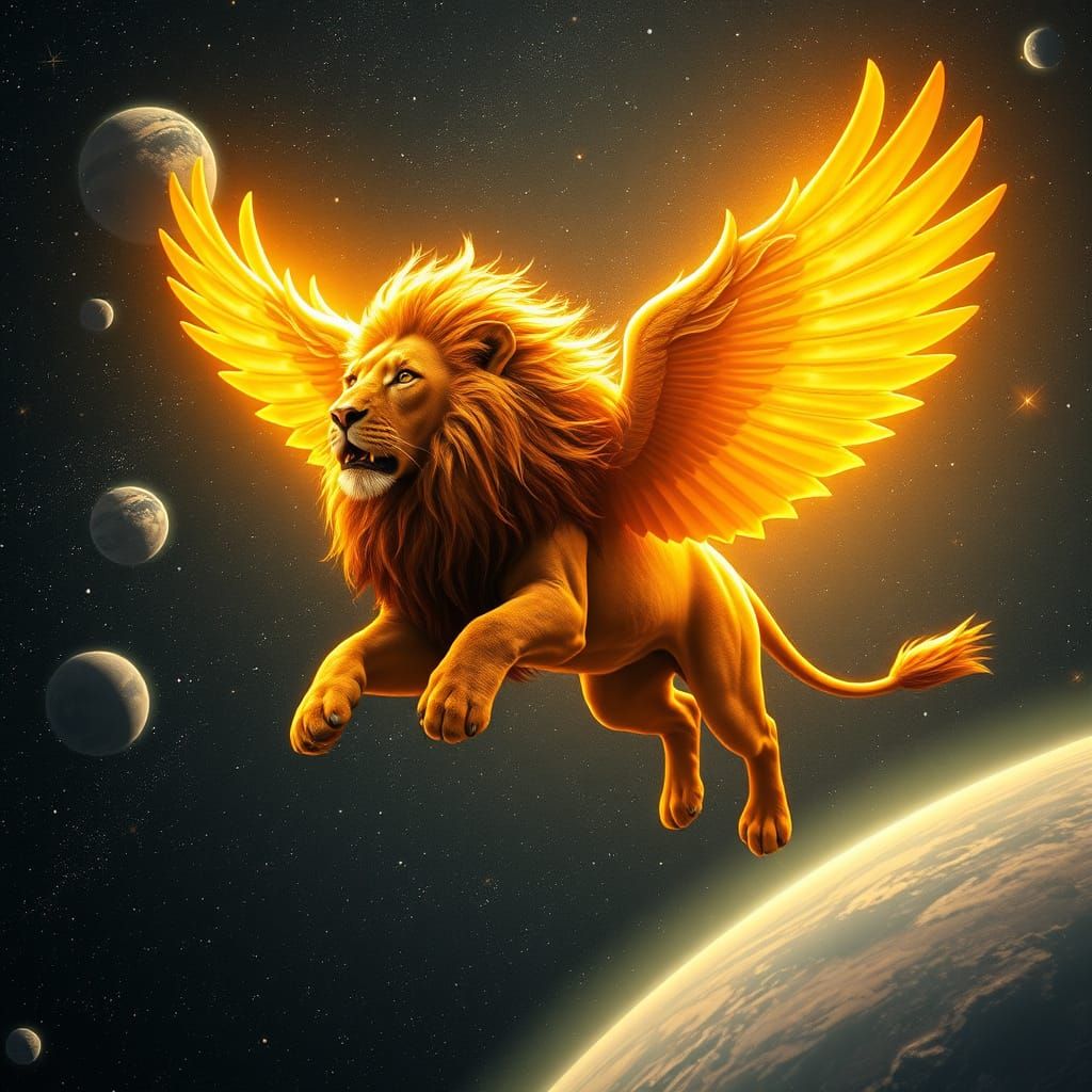 Golden Lion Soars Through Cosmic Skies with Radiant Mane and...
