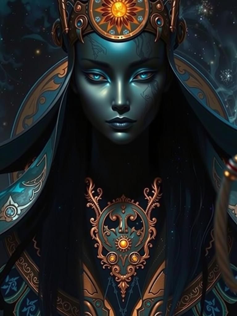 A celestial child of Libra suns rendered in vibrant white, icy blue, and iridescent black, with teal undertones, surroun...