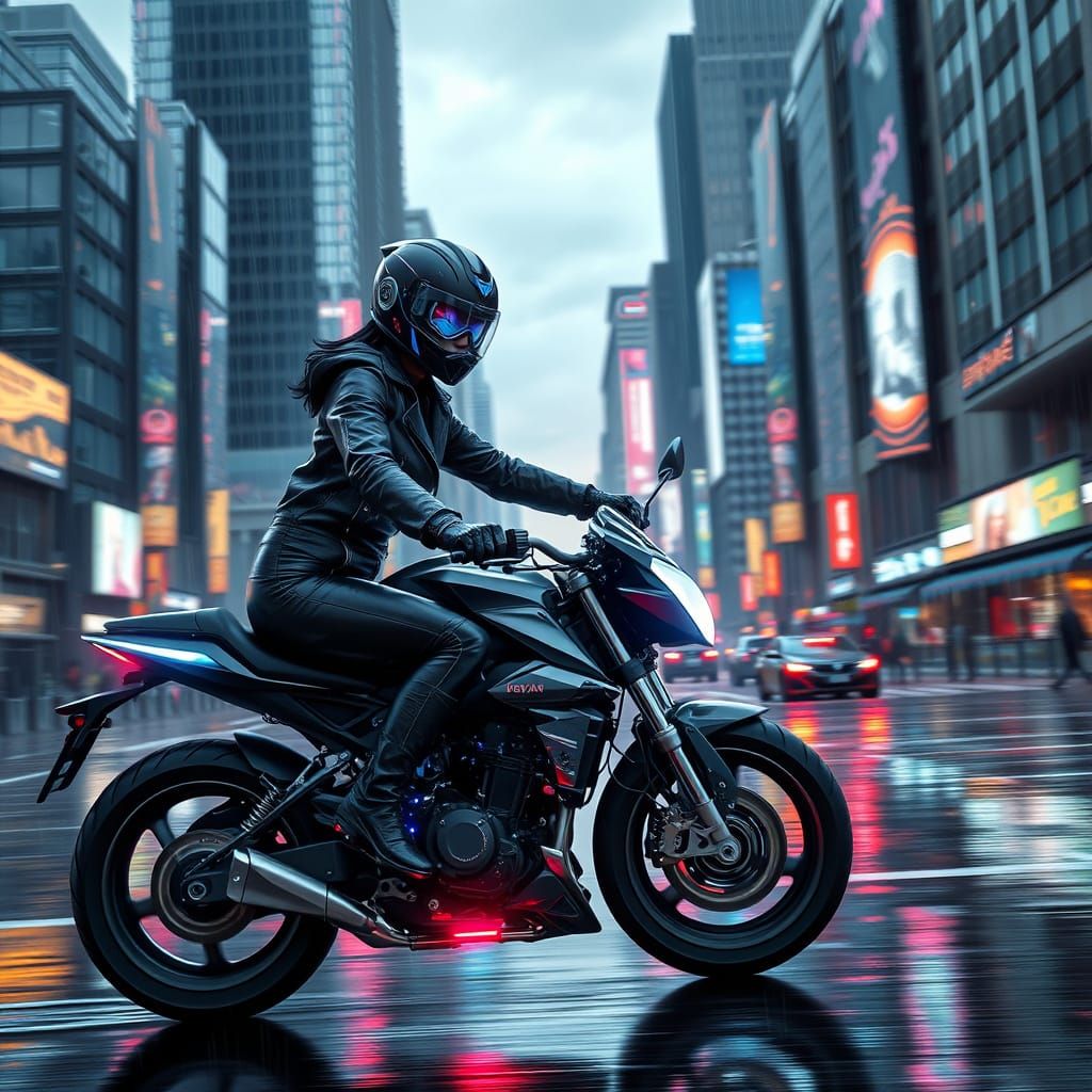 Cyberpunk Cityscape with Futuristic Motorcycle
