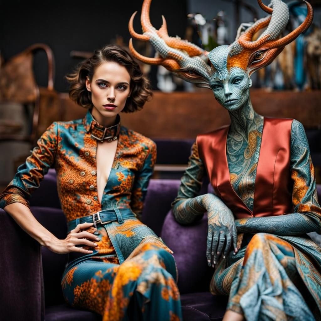 Surreal Restaurant Scene with Beautiful Aliens