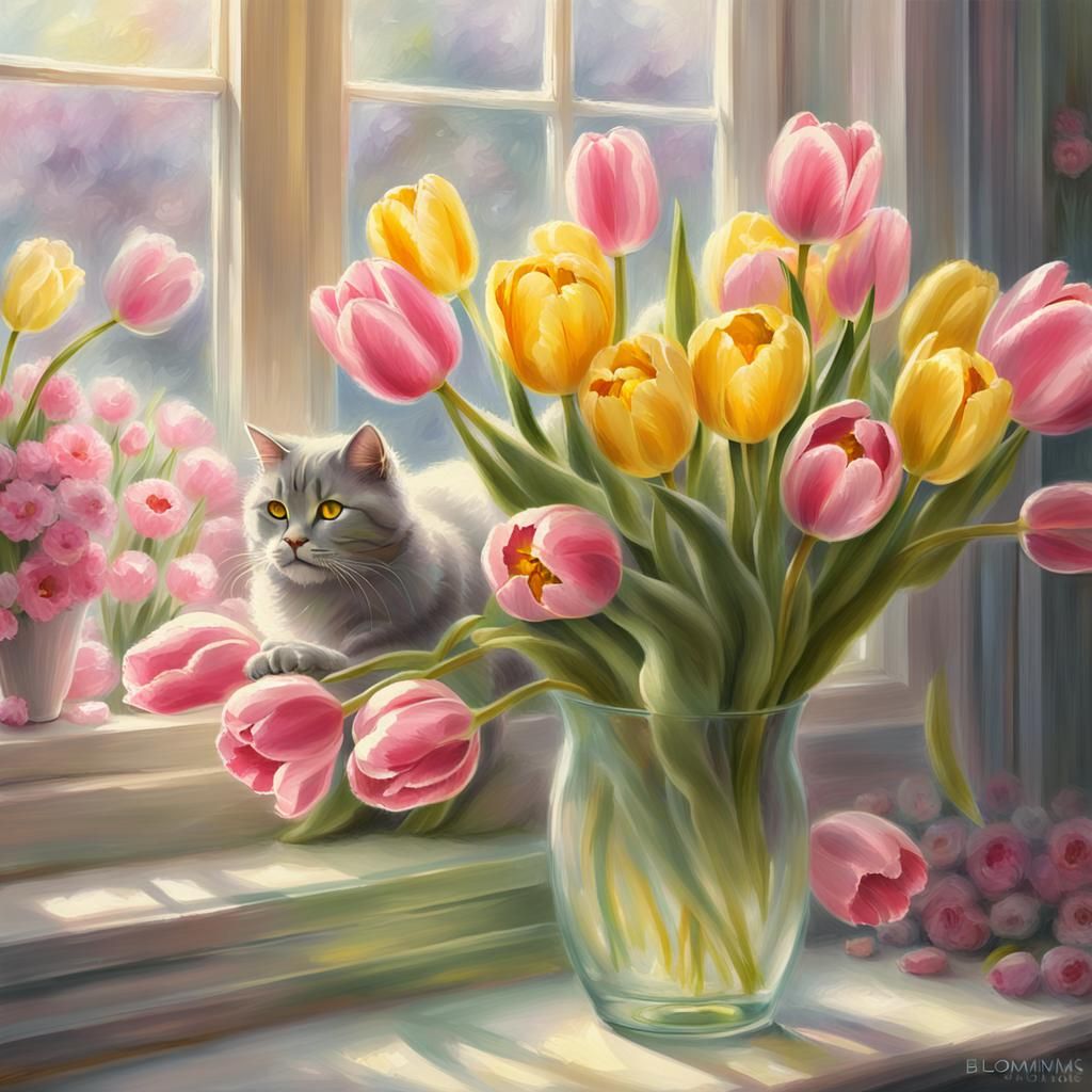 Tulips and Cat in Golden Light, Impressionistic Digital Art