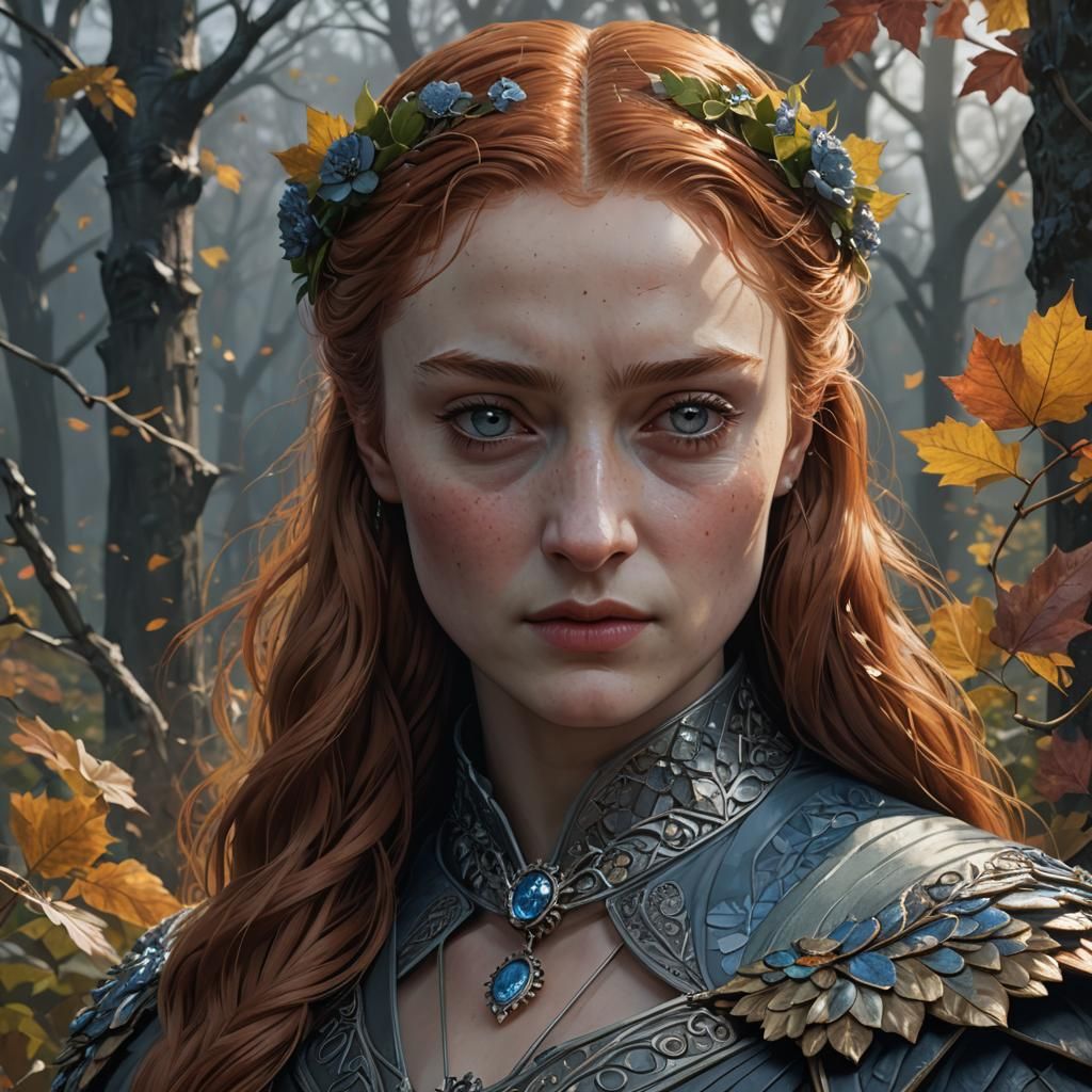 Sansa Stark Portrait in Wild Nature, Art Nouveau Style