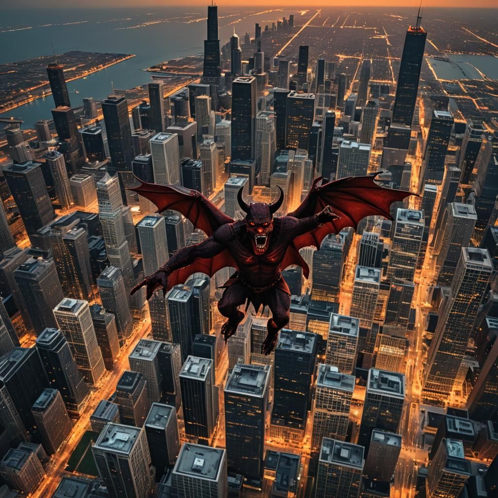 Hyperrealistic Devil Flies Over Chicago Sunset