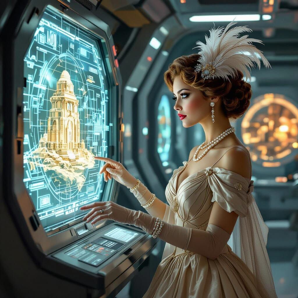 8 steampunk engine A glamorous woman in a flowing 1940s gown, complete with a feathered fascinator and pearls, gazes at ...