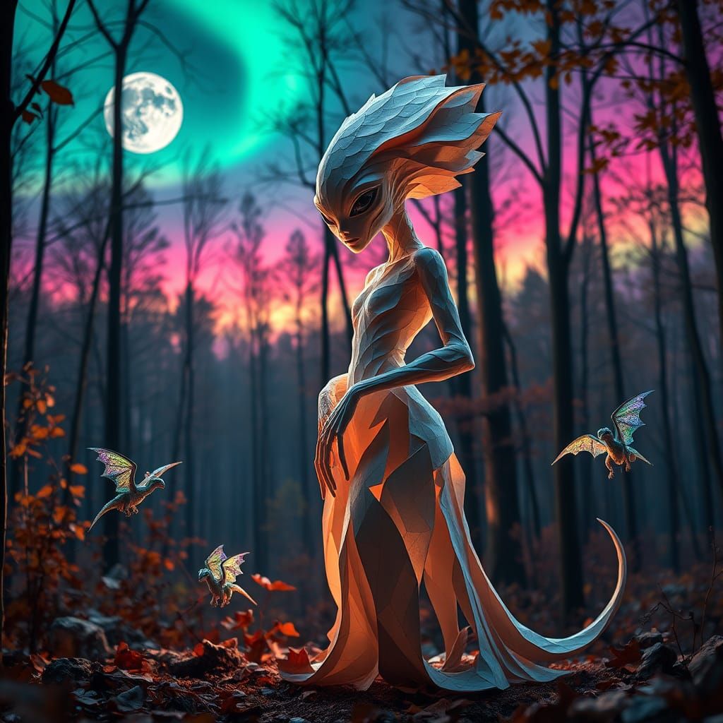 Alien Sculpture in Autumn Forest with Dragons