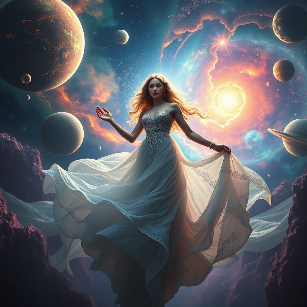 Cosmic Goddess Amidst Planets and Nebulas