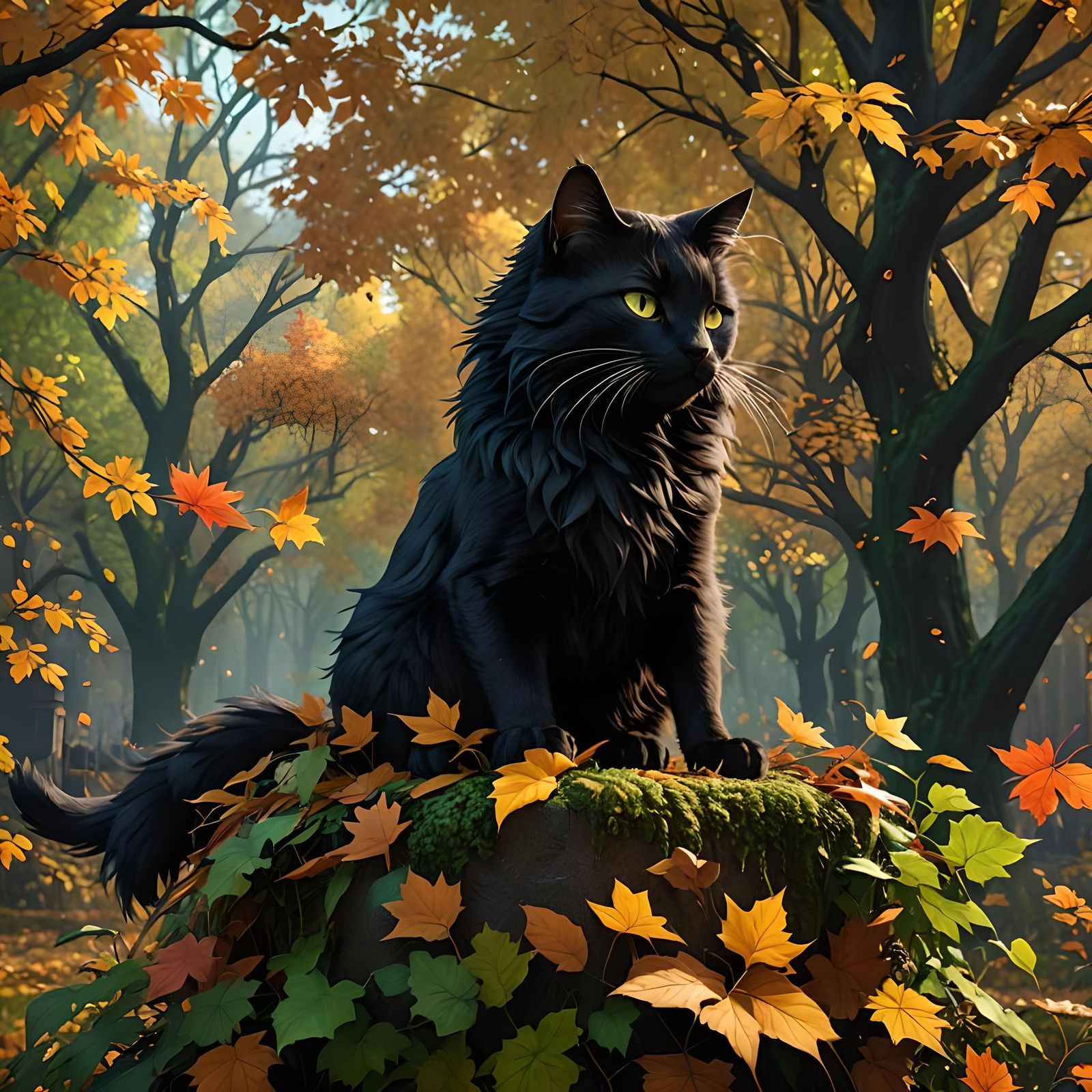 Black Cat with Green Eyes in Autumnal Scene