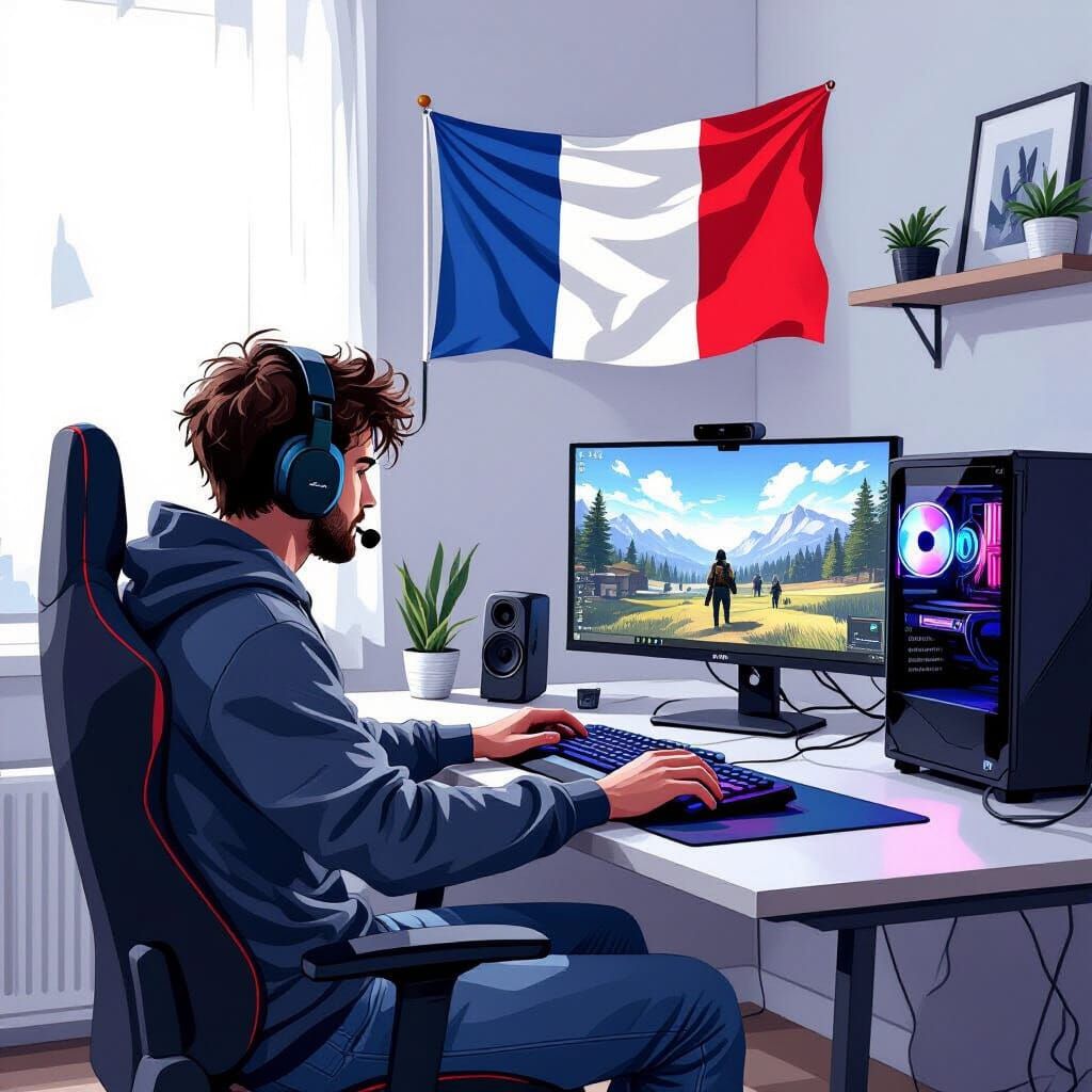 Gamer Playing CS:GO with French Team in Retro-Futuristic Sty...