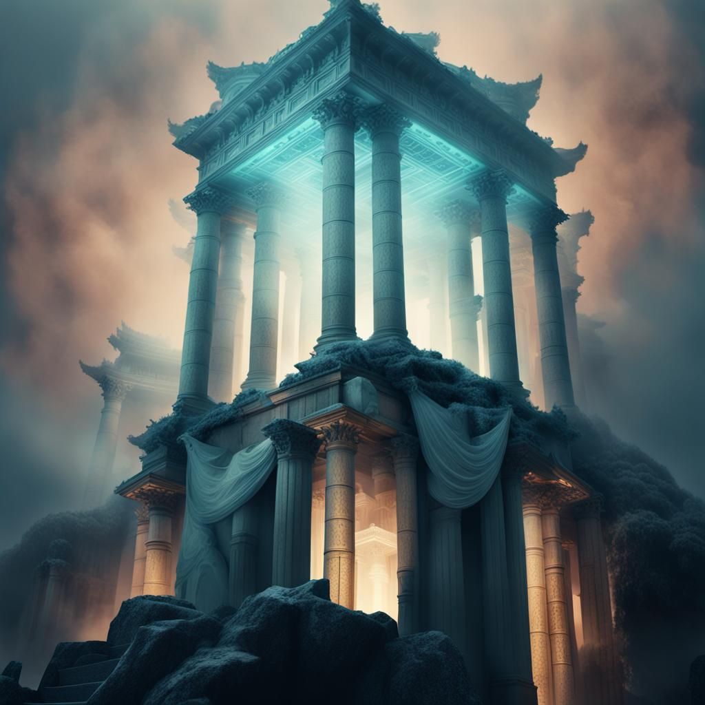 Neo-Classical Vaporwave with Symbolist Steampunk, integrating Geometric Abstraction and Chiseled Stone Texture, Duotone ...