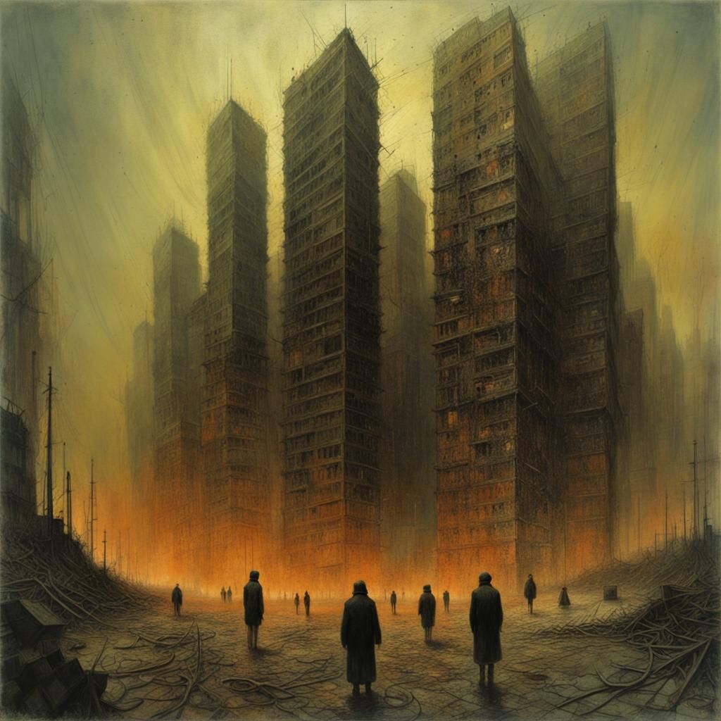 Surreal Dystopian Cityscape of Synchronized Chaos