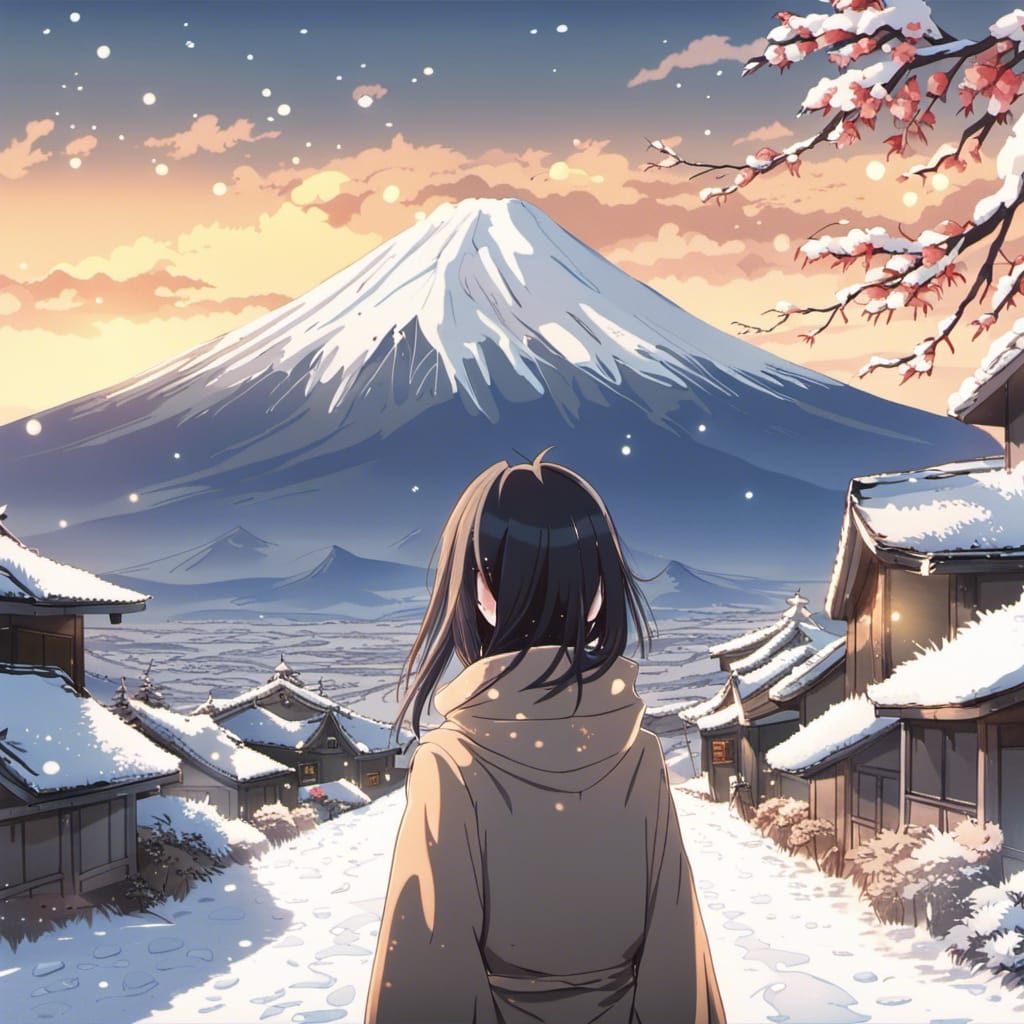Young Girl in Snowy Japanese Anime Landscape