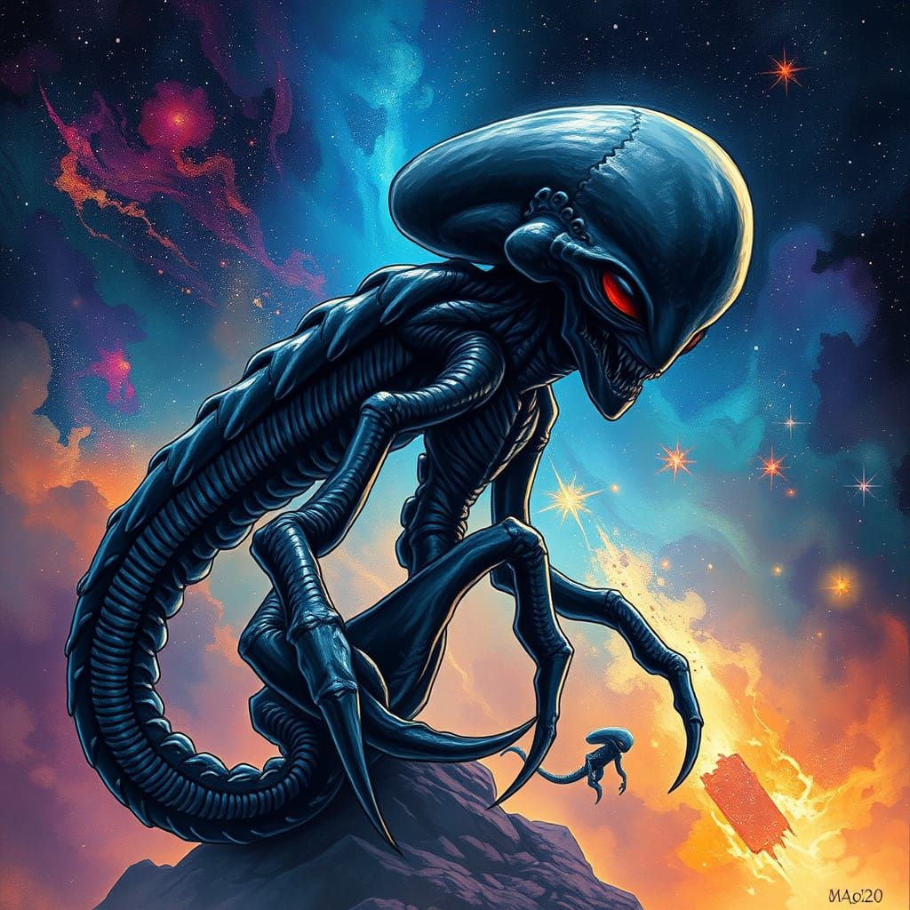Colossal, Pitch-Black Alien Emerges from Cosmic Energy