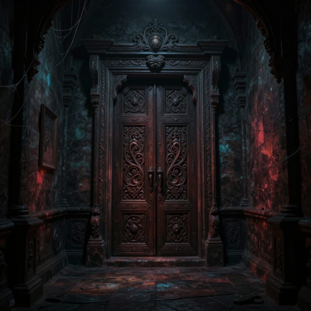 Ancient Ornate Door in Shadowy Hallway