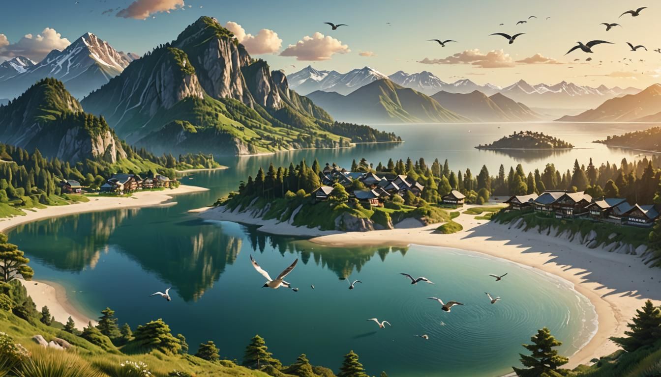 Majestic Mountains Meet Serene Sea: Digital Matte Painting