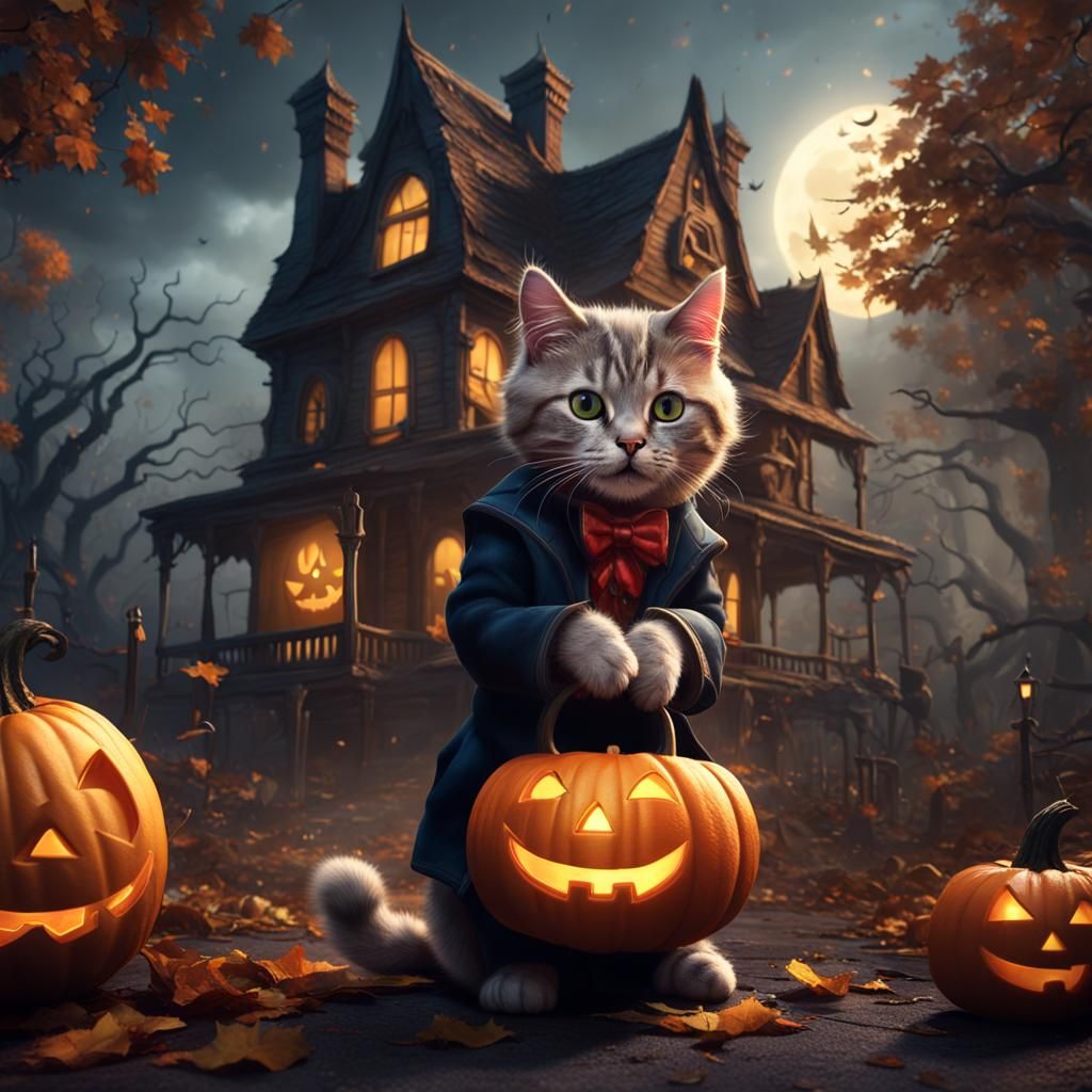 Halloween Cat Lurking in Haunted House
