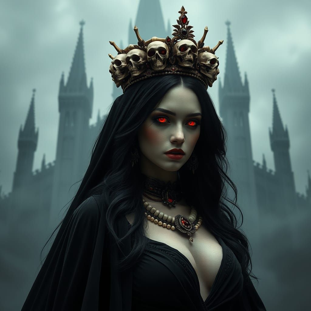Gothic Goddess of Shadows Reigns with Ruby-Crowned Skulls