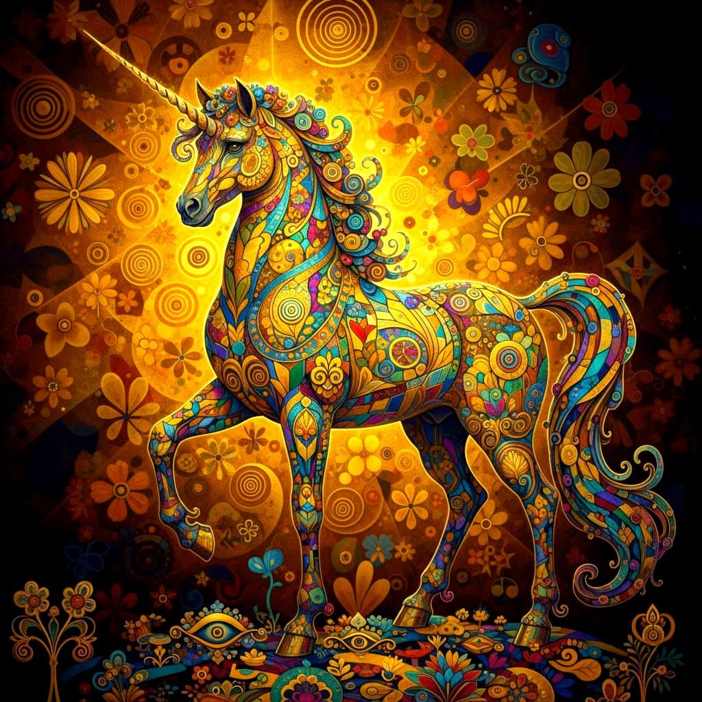 Vibrant Unicorn Amidst Golden Abstract Patterns