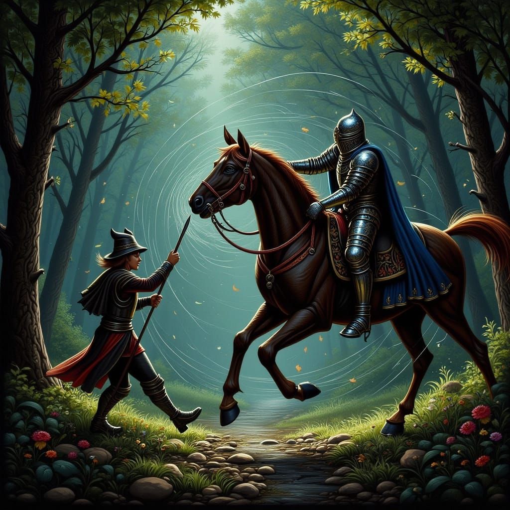 A knight in shining armor, attempting a heroic charge, is comically entangled in a giant, unexpectedly sticky cobweb spu...