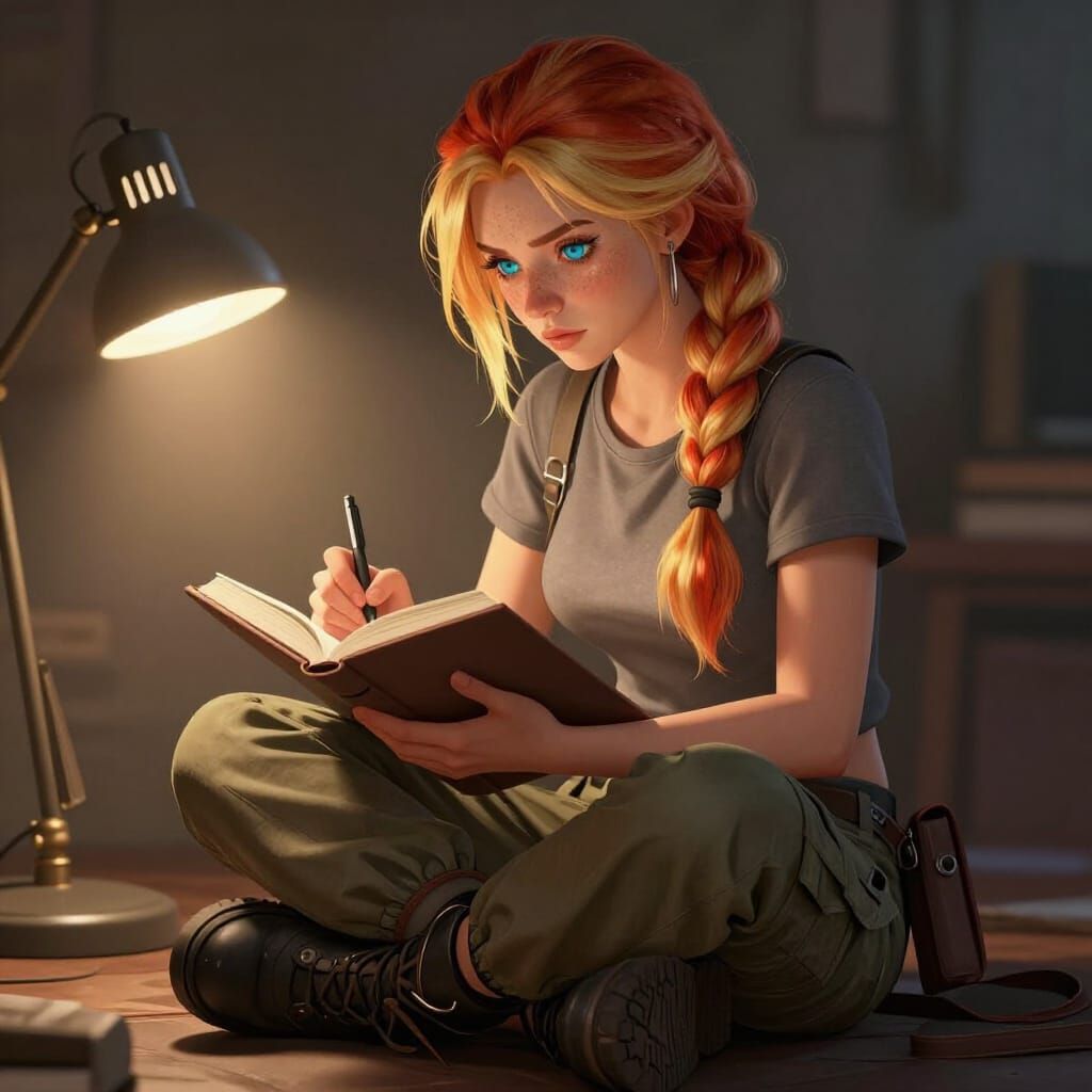 Focused Woman Writing Novel in Digital Concept Art Style