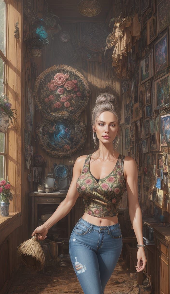 Woman Vacuuming in Rose Top, Digital Art