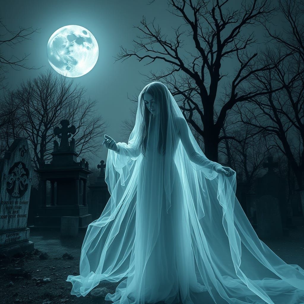 Ethereal Ghost Woman in Moonlit Abandoned Cemetery