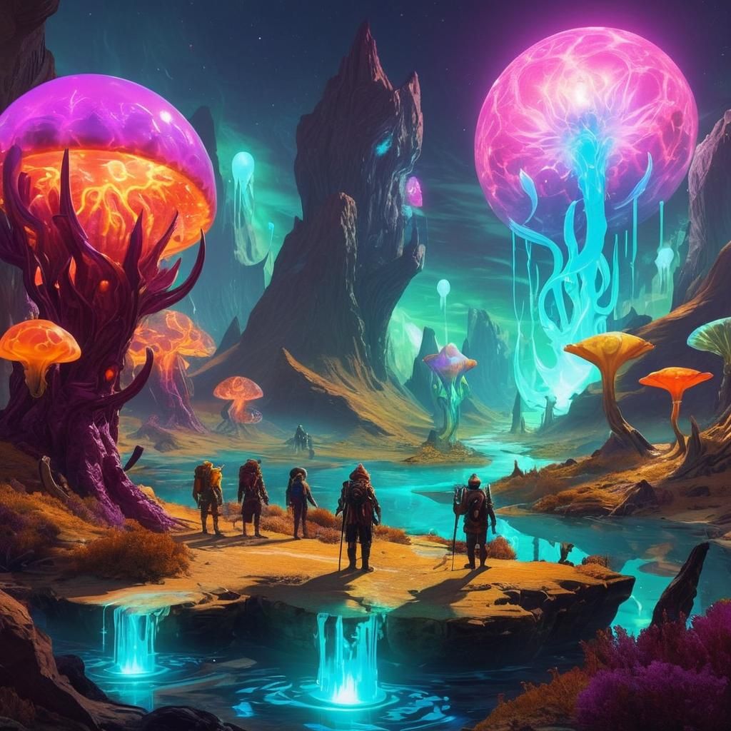 Otherworldly Glowing Scenery with Diverse Creatures